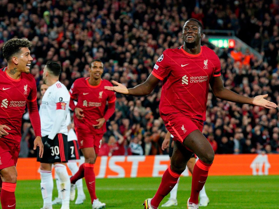 Liverpool's Ibrahima Konate after scoring the opening goal against Benfica at Anfield. Liverpool will take on 13-time winners Real Madrid in the Champions League final tomorrow. Photo: PA Wire