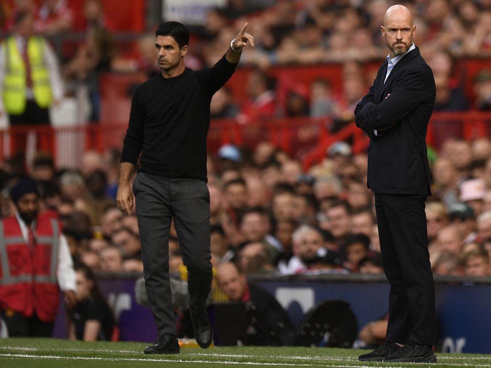 Arsenal manager Mikel Arteta and Manchester United boss Erik ten Hag. Photo: Getty Images
