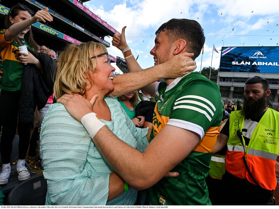 David Clifford of Kerry celebrates with mother Ellen the 2022 All-Ireland