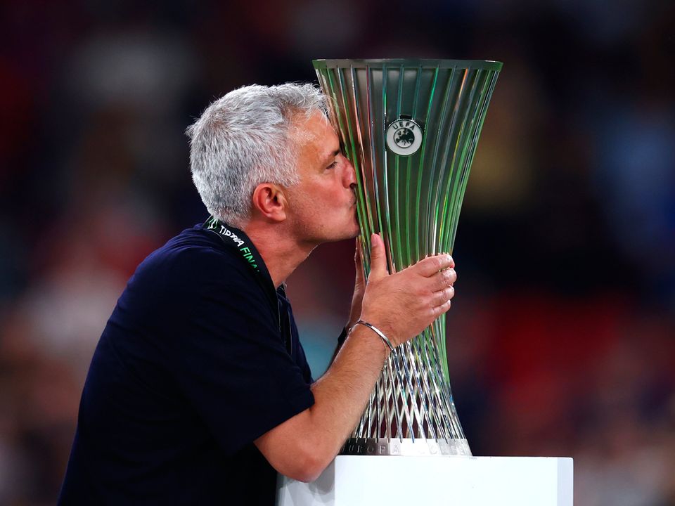 Mourinho savours Roma's Conference League success in 2022. Photo: Alex Pantling