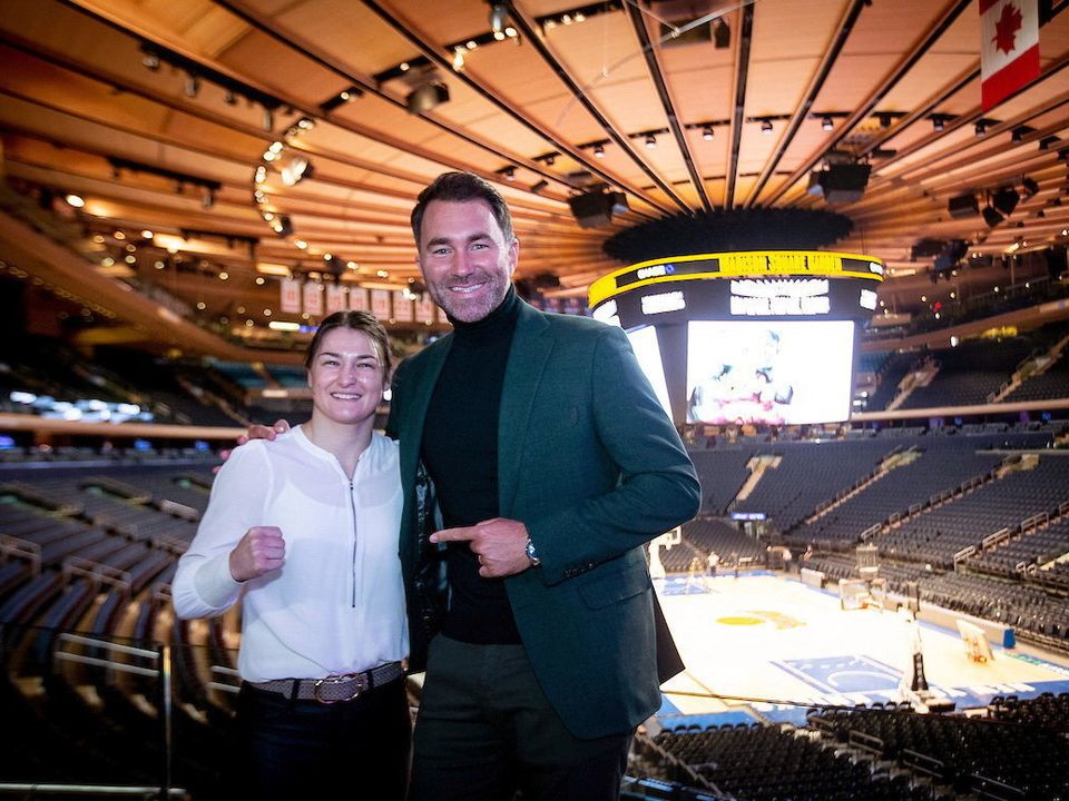 Katie Taylor and promoter Eddie Hearn during a press tour ahead of the title fight against Amanda Serrano at Madison Square Garden. Photo by Michelle Farsi