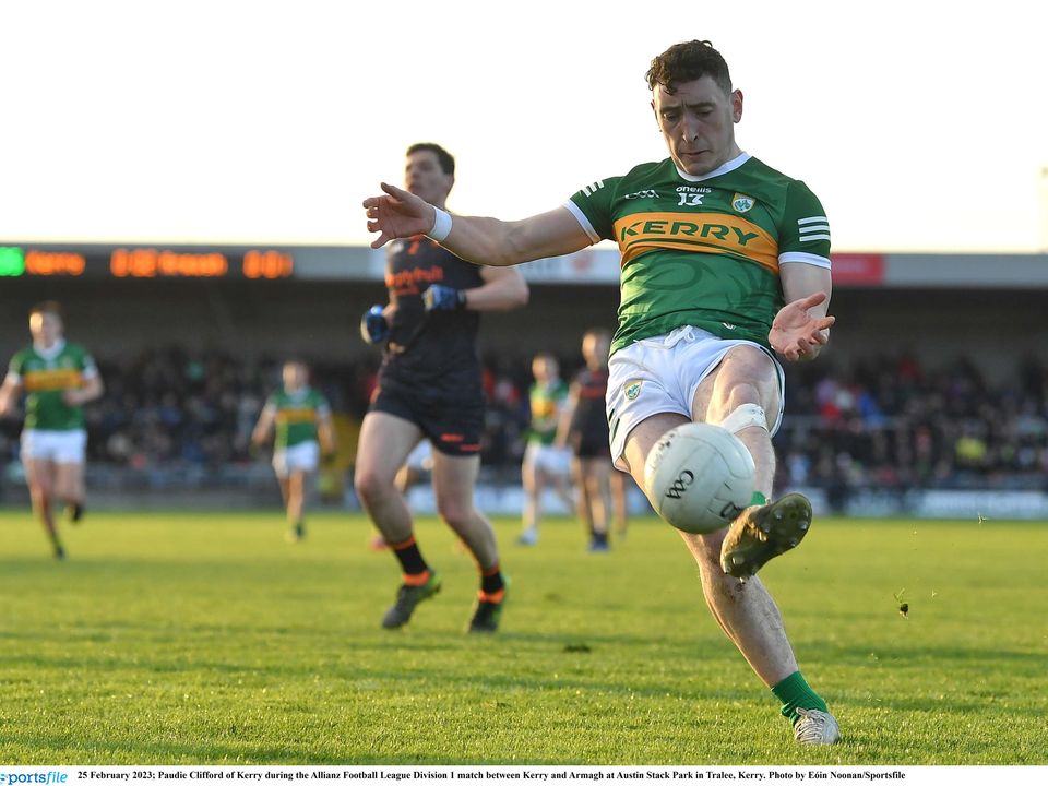 25 February 2023; Paudie Clifford of Kerry during the Allianz Football League Division 1 match between Kerry and Armagh at Austin Stack Park in Tralee, Kerry. Photo by Eóin Noonan/Sportsfile