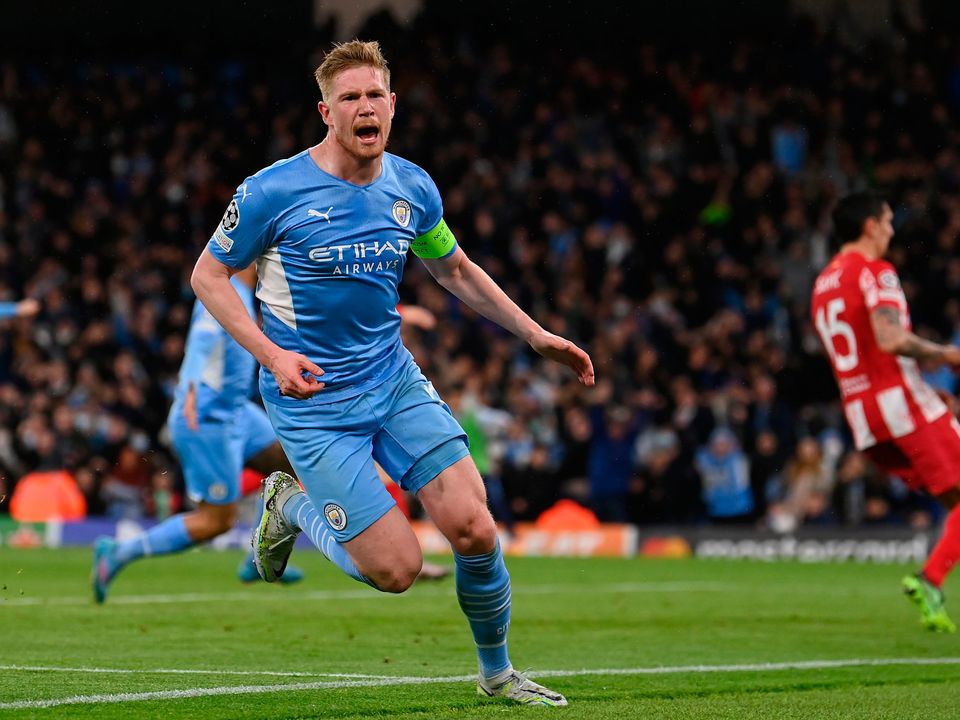Kevin De Bruyne celebrates after scoring their side's first goal during the UEFA Champions League Quarter Final Leg One match between Manchester City and Atletico Madrid. (Photo by Michael Regan/Getty Images)