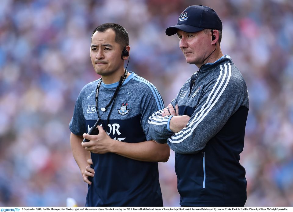 2 September 2018; Dublin Manager Jim Gavin, right, and his assistant Jason Sherlock during the GAA Football All-Ireland Senior Championship Final match between Dublin and Tyrone at Croke Park in Dublin. Photo by Oliver McVeigh/Sportsfile