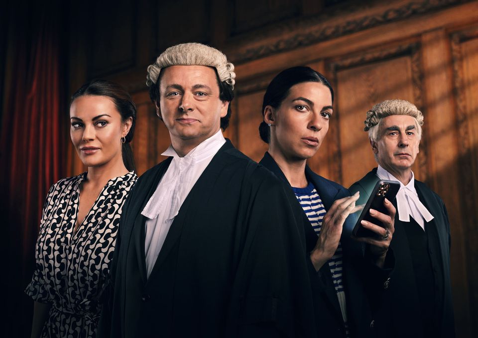 Coleen Rooney (Chanel Cresswell), David Sherborne QC (Michael Sheen), Rebekah Vardy (Natalia Tena) and Hugh Tomlinson QC (Simon Coury) in Vardy V Rooney: A Courtroom Drama. Phot by Marcell Piti