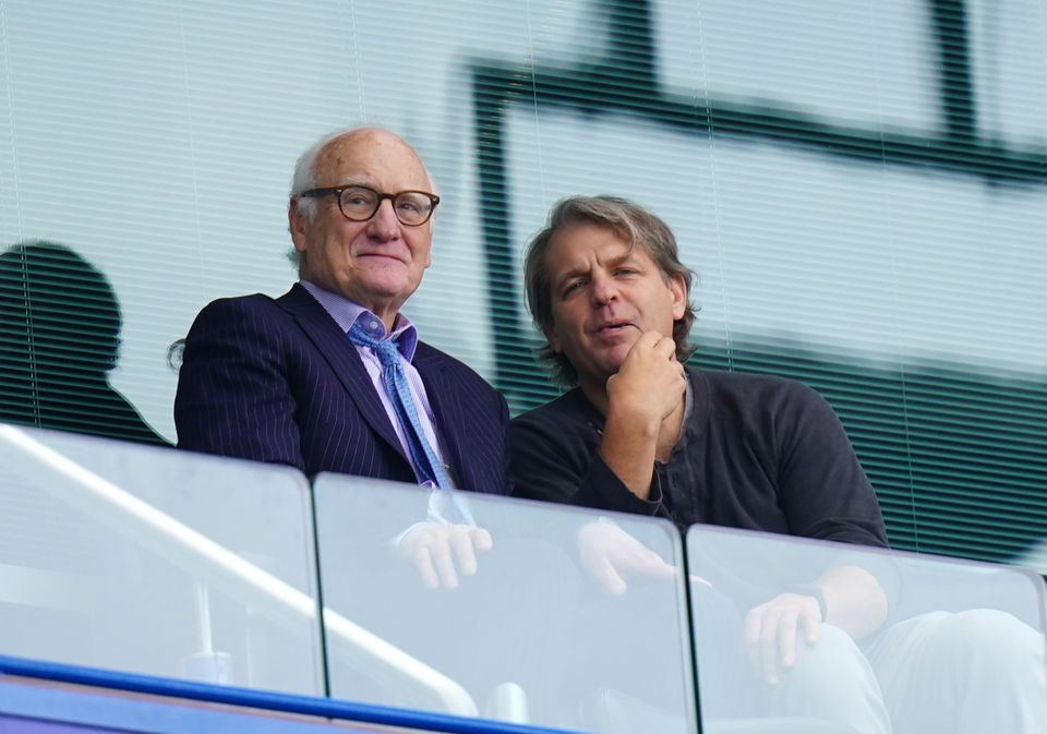 Todd Boehly, right, at Stamford Bridge with Chelsea chairman Bruce Buck, left (Adam Davy/PA)
