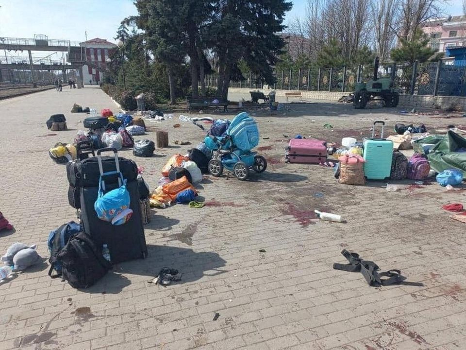 A view of people's belongings and bloodstains on the ground after a missile strike on a railway station in Kramatorsk, Ukraine. Photo: Reuters
