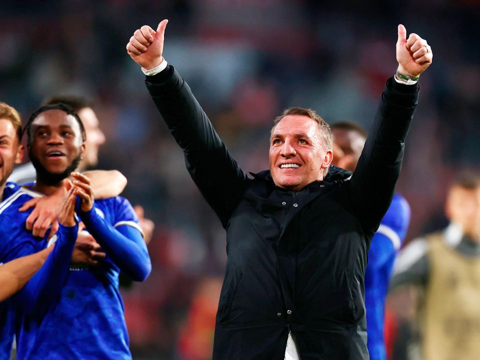 Brendan Rogers celebrates following Leicester's victory over PSV Eindhoven. (Photo by Dean Mouhtaropoulos/Getty Images)