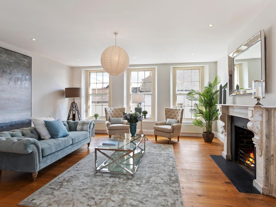 The upstairs living room at No5 Bath Street, Irishtown, Dublin 4 has been styled in a mix of period and contemporary styles