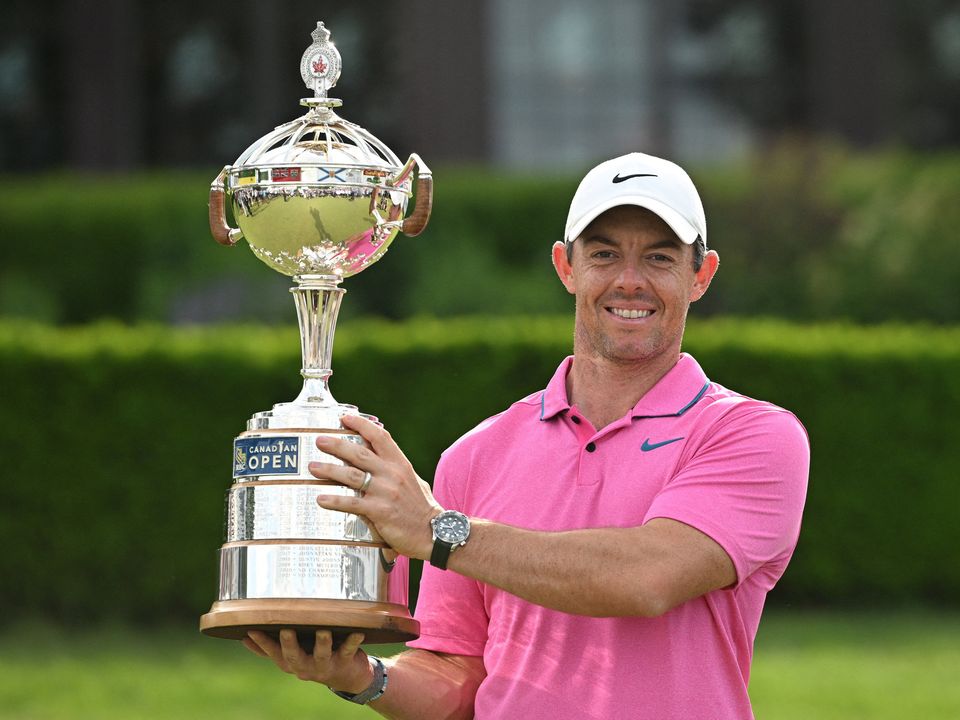 Rory McIlroy holds the RBC Canadian Open trophy after winning the RBC Canadian Open golf tournament: Dan Hamilton-USA TODAY Sports