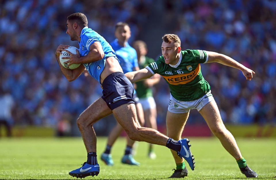 James McCarthy, tackled by Dara Moynihan, gave a masterclass despite Dublin's loss in the All-Ireland semi-final against Kerry. Photo by Ramsey Cardy/Sportsfile