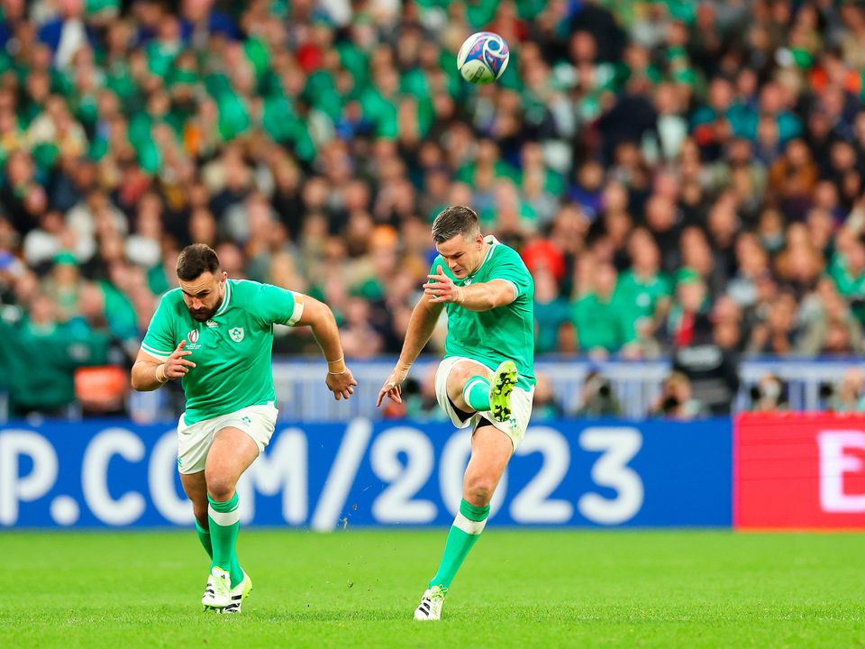 PARIS, FRANCE - OCTOBER 14: Johnny Sexton of Ireland kicks the ball during the Rugby World Cup France 2023 Quarter Final match between Ireland and New Zealand at Stade de France on October 14, 2023 in Paris, France. (Photo by Chris Hyde/Getty Images)