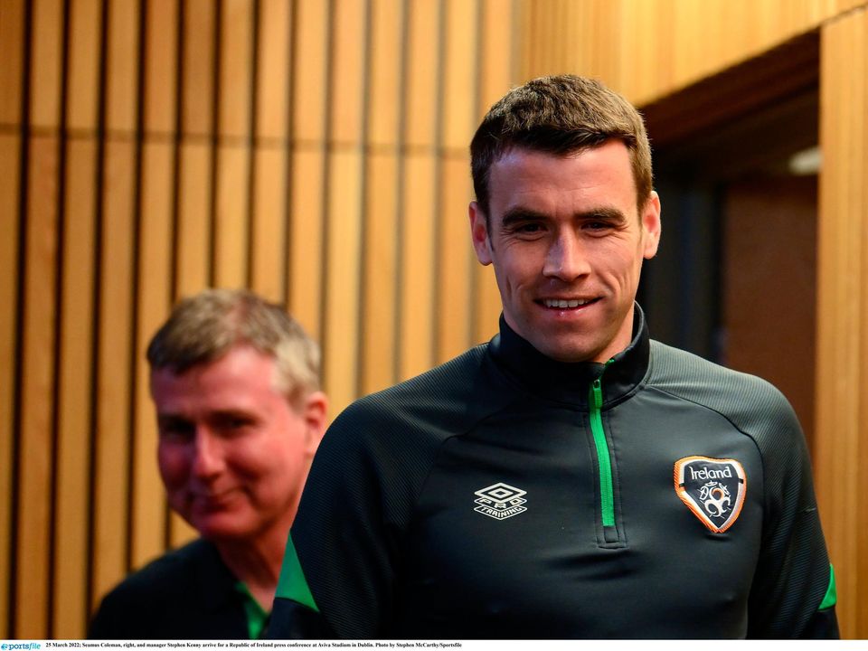 Séamus Coleman, right, and manager Stephen Kenny arrive for a Republic of Ireland press conference at Aviva Stadium in Dublin. Photo: Stephen McCarthy/Sportsfile