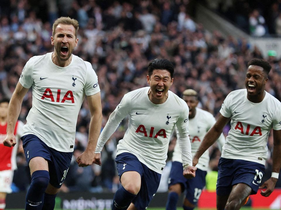Tottenham Hotspur's Harry Kane, left, celebrates scoring their first goal with Son Heung-min and Ryan Sessegnon. Photo: Paul Childs/Action Images via Reuters