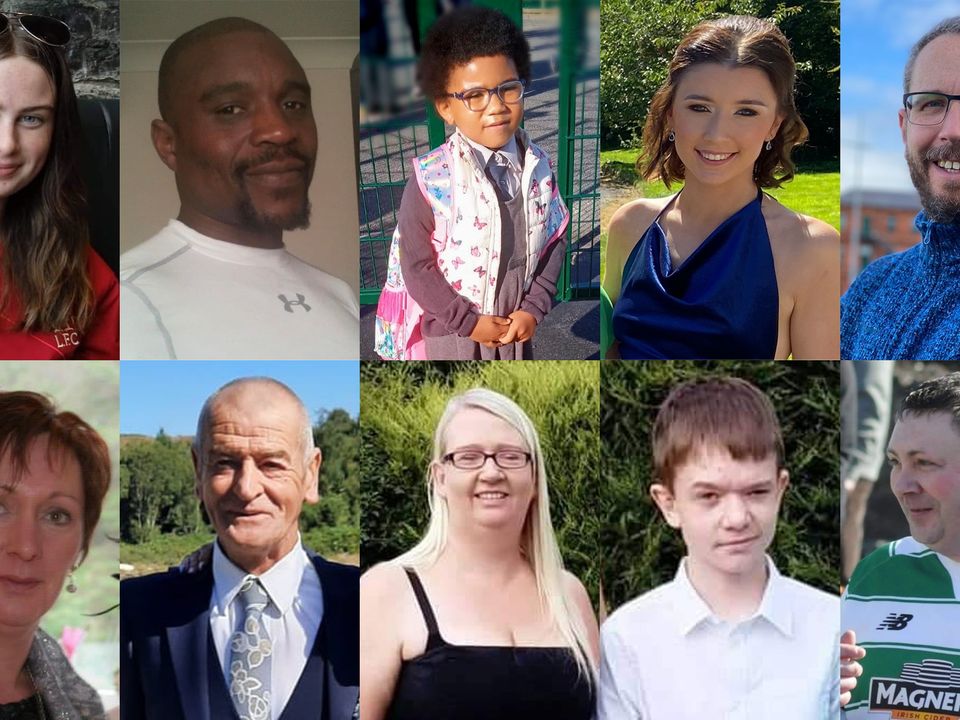 Leona Harper, 14, Robert Garwe, 50, Shauna Flanagan Garwe, five, Jessica Gallagher, 24, and James O'Flaherty, 48, and (bottom row, left to right) Martina Martin, 49, Hugh Kelly, 59, Catherine O'Donnell, 39, her 13-year-old son James Monaghan, and Martin McGill, 49, the ten victims of explosion at Applegreen service station in the village of Creeslough in Co Donegal on Friday. Picture date: Sunday October 9, 2022.