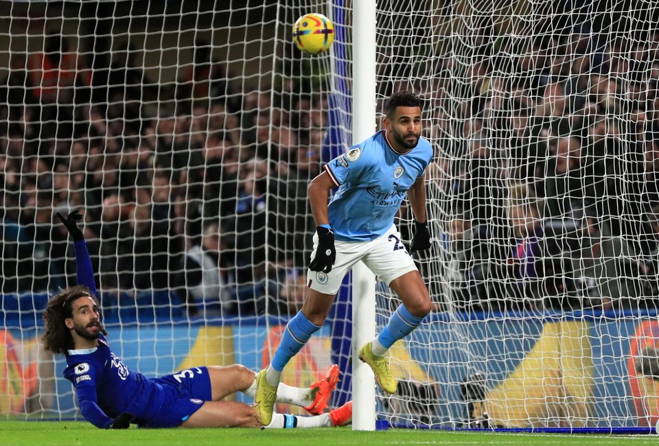 Manchester City's Riyad Mahrez celebrates scoring their side's first goal of the game during the Premier League match at Stamford Bridge, London. Picture date: Thursday January 5, 2023.