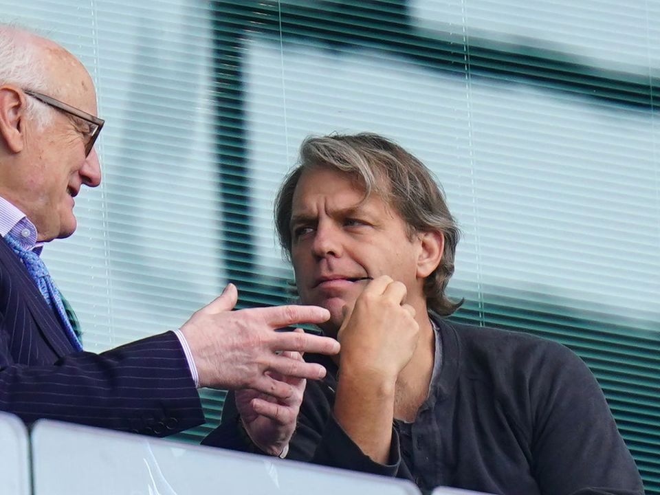 Prospective Chelsea owner Todd Boehly, right, in conversation with Blues chairman Bruce Buck, left, at Stamford Bridge (Adam Davy/PA)