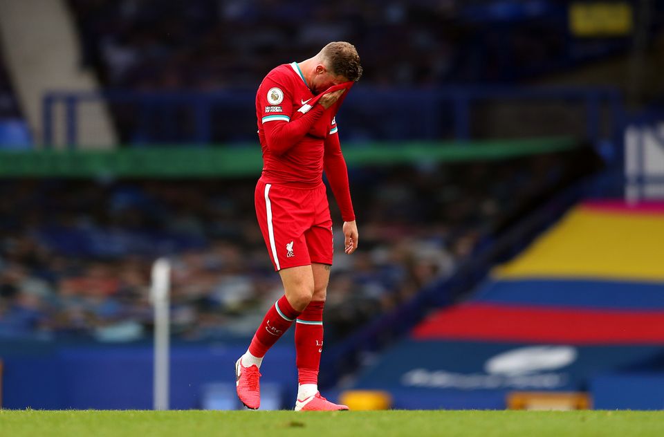Jordan Henderson cannot hide his disappointment after thinking he had scored a late winner against Everton only for his effort to be ruled out for offside after a VAR check.