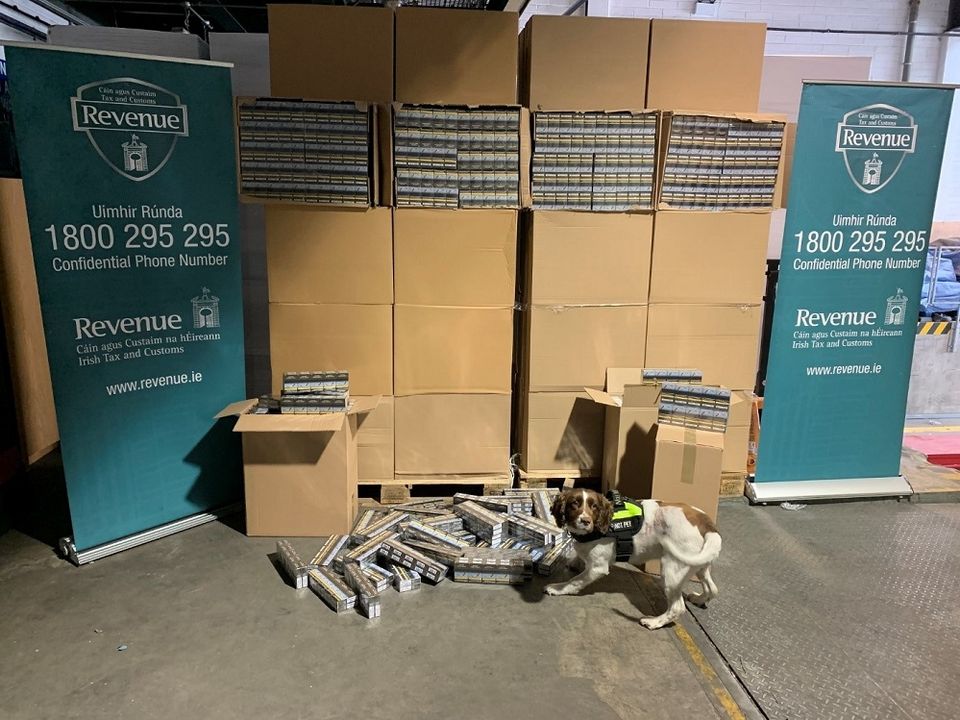 With the assistance of detector dog Waffle, Revenue officers seized 9 million cigarettes at Dublin Port.