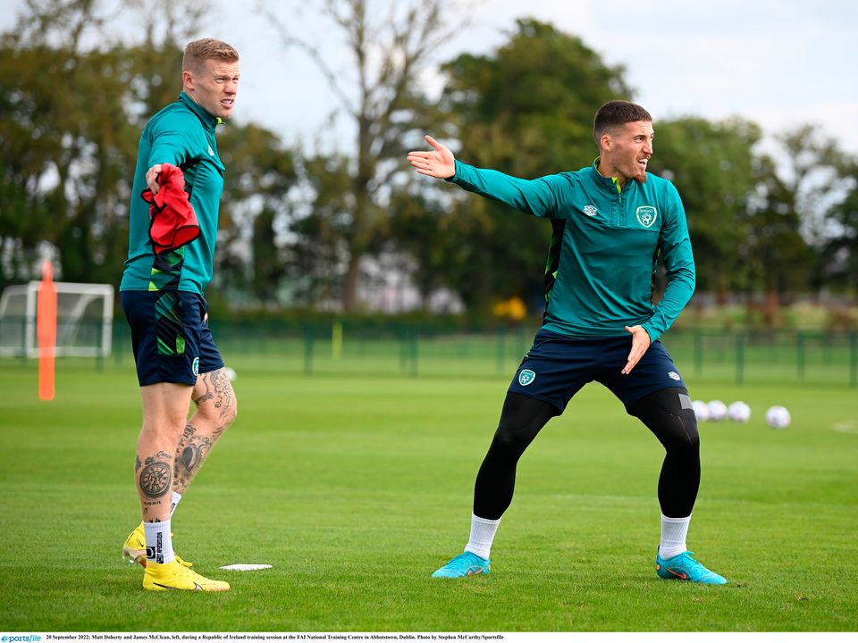 James McClean (left) and Matt Doherty during a Republic of Ireland training session at the FAI National Training Centre in Abbotstown, Dublin this week. Photo: Stephen McCarthy/Sportsfile