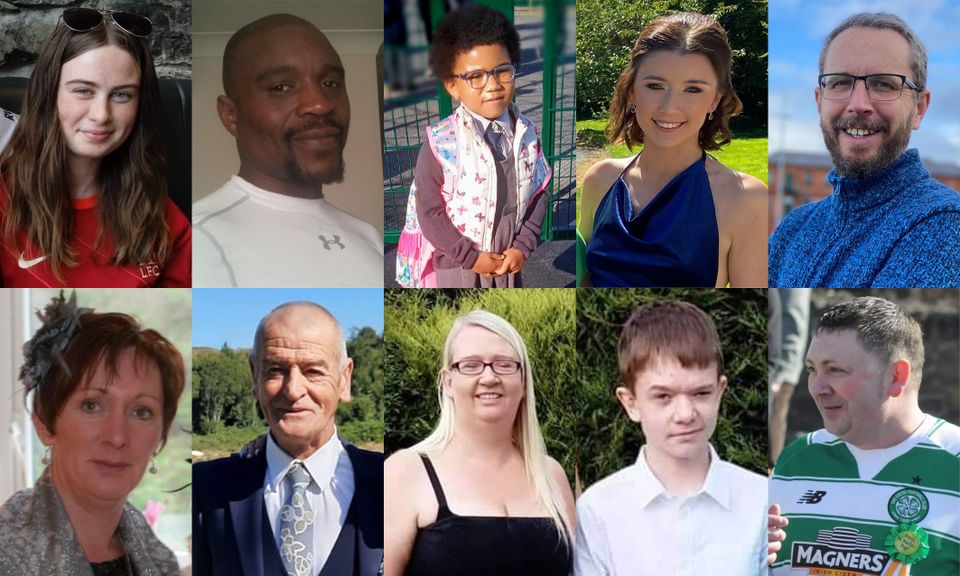 Leona Harper, 14, Robert Garwe, 50, Shauna Flanagan Garwe, five, Jessica Gallagher, 24, and James O'Flaherty, 48, and (bottom row, left to right) Martina Martin, 49, Hugh Kelly, 59, Catherine O'Donnell, 39, her 13-year-old son James Monaghan, and Martin McGill, 49, the ten victims of explosion at Applegreen service station in the village of Creeslough in Co Donegal.