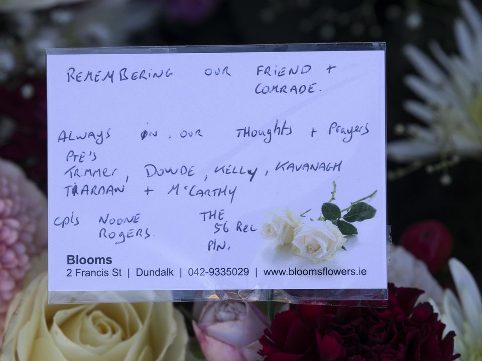 Flowers and tribute messages outside Aiken Barracks. Photo: Colin Keegan, Collins