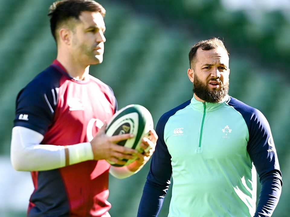 2 March 2023; Jamison Gibson-Park, right, and Conor Murray during an Ireland Rugby open training session at the Aviva Stadium in Dublin. Photo by Harry Murphy/Sportsfile