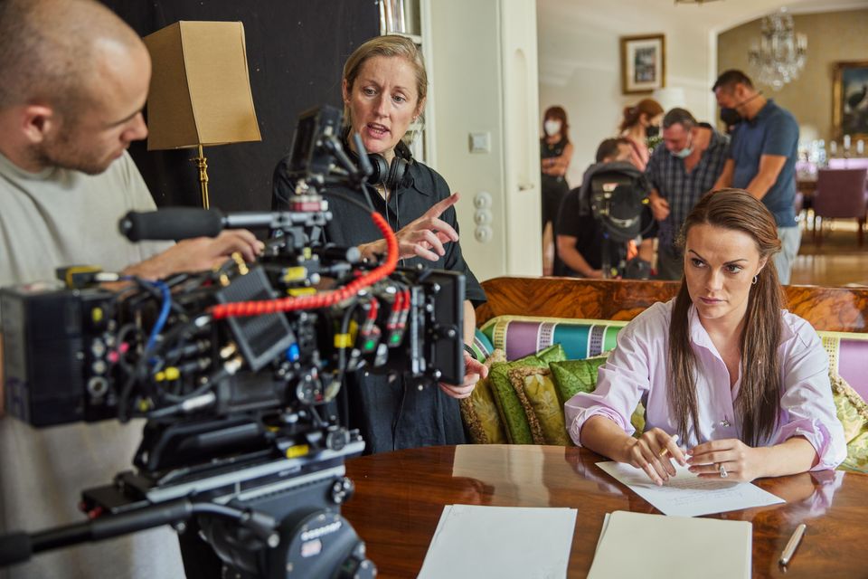 Director Oonagh Kearney with Chanel Cresswell on set of Vardy vs Rooney: A Courtroom Drama
