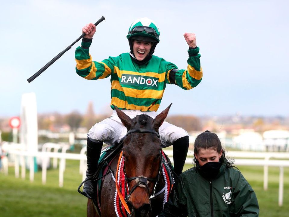 Rachel Blackmore celebrates after winning the 2021 Aintree Grand National on Minella Times