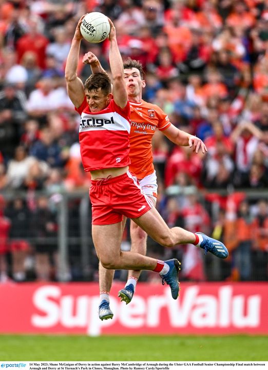 14 May 2023; Shane McGuigan of Derry in action against Barry McCambridge of Armagh during the Ulster GAA Football Senior Championship Final match between Armagh and Derry at St Tiernach’s Park in Clones, Monaghan. Photo by Ramsey Cardy/Sportsfile