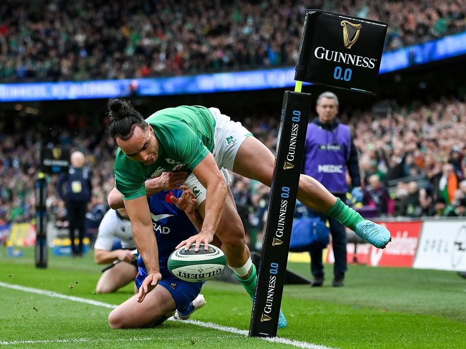James Lowe of Ireland shows great skill to score a try at the Aviva against France. Photo: Brendan Moran/Sportsfile