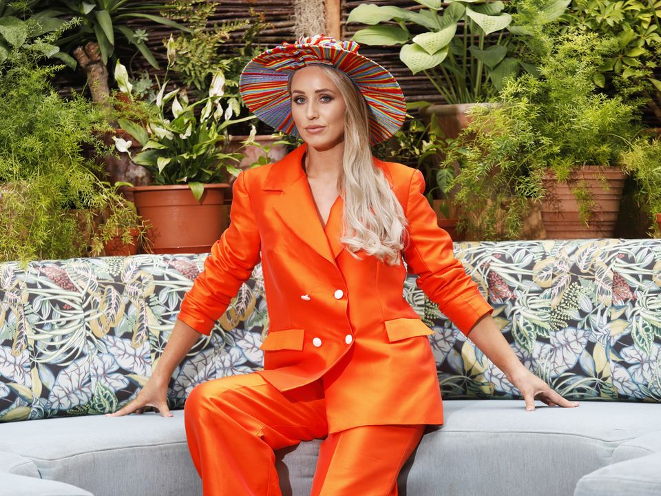 Margaret O’Connor Rainbow hat, €365, and suit, rent from €120 from Rag Revolution