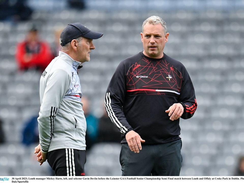 30 April 2023; Louth manager Mickey Harte, left, and selector Gavin Devlin before the Leinster GAA Football Senior Championship Semi Final match between Louth and Offaly at Croke Park in Dublin. Photo by Seb Daly/Sportsfile
