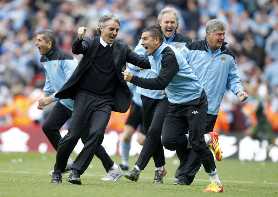 Joy could not be contained on the touchline after Aguero’s winner (Peter Byrne/PA)