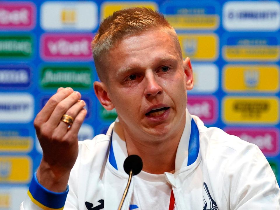 Ukraine's Oleksandr Zinchenko during an emotional press conference at Hampden Park, Glasgow