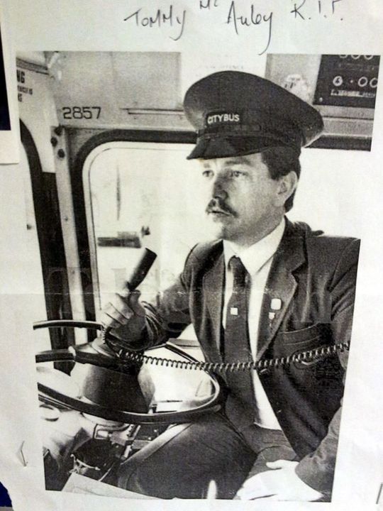 Tommy McAuley pictured on the double decker bus, currently on display at the Ulster Folk Park and Transport museum. He was shot dead by the UVF at his cafe on the Crumlin Road in 1987.