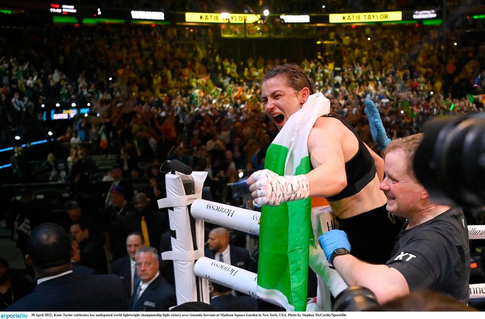 Katie Taylor celebrates her undisputed world lightweight championship fight victory over Amanda Serrano at Madison Square Garden in New York, USA. Photo by Stephen McCarthy/Sportsfile