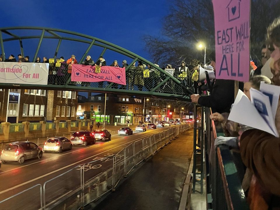 'Refugees Welcome' protesters on Fairview Bridge. Picture: Gary Gannon TD/Twitter