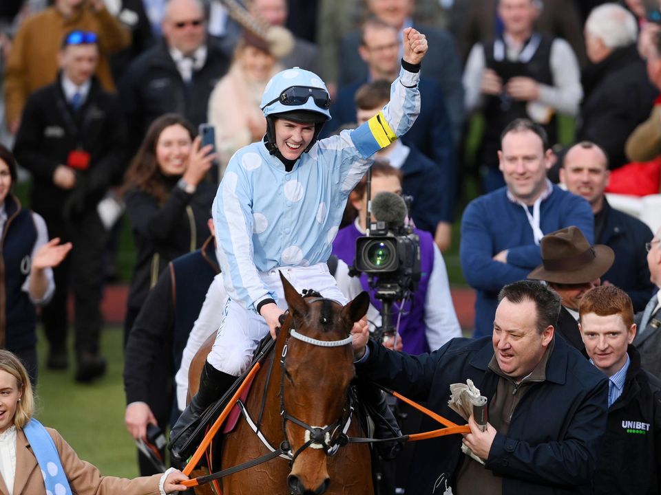 Rachael Blackmore celebrates on Honeysuckle after winning the Unibet Champion Hurdle Challenge Trophy at Cheltenham Photo by Mike Hewitt/Getty