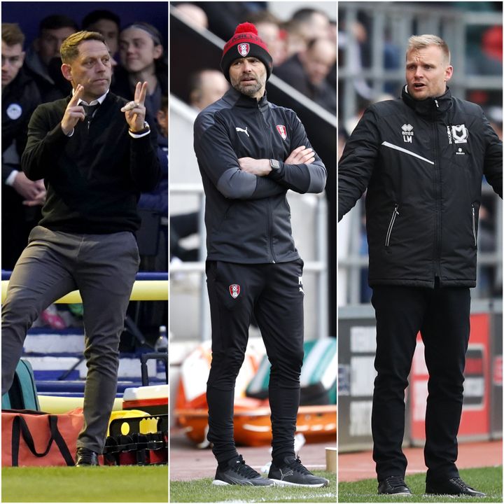 Wigan manager Leam Richardson, Rotherham’s Paul Warne and MK Dons boss Liam Manning, l-r, will battle for promotion (Andrew Matthews/Richard Sellers/Isaac Parkin/PA)
