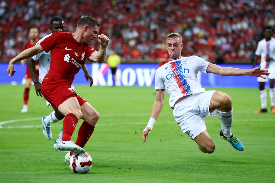 James Milner #7 of Liverpool controls the ball against Killian Phillips #55 of Crystal Palace during the first half of their preseason friendly at the National Stadium on July 15, 2022 in Singapore. (Photo by Yong Teck Lim/Getty Images)