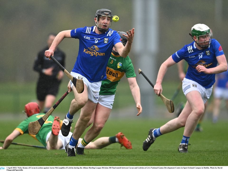 1 April 2023; Nicky Kenny of Cavan in action against Aaron McLaughlin of Leitrim during the Allianz Hurling League Division 3B Final match between Cavan and Leitrim at GAA National Games Development Centre in Sport Ireland Campus in Dublin. Photo by David Fitzgerald/Sportsfile