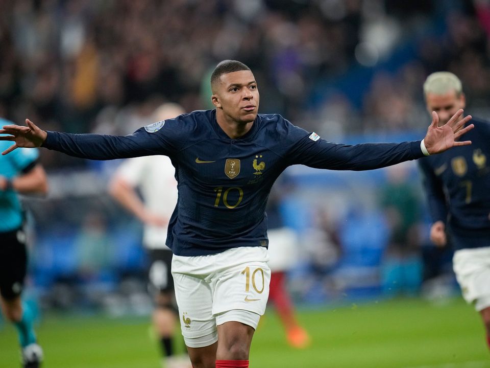 France's Kylian Mbappe celebrates scoring his side's first goal in the Nations League win over Austria. Photo: Reuters