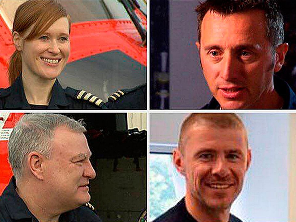 Clockwise from top left, Captain Dara Fitzpatrick, Captain Mark Duffy, winchman Ciarán Smith and winch operator Paul Ormsby died in the helicopter crash off the Mayo coast in March 2017. Photo: PA