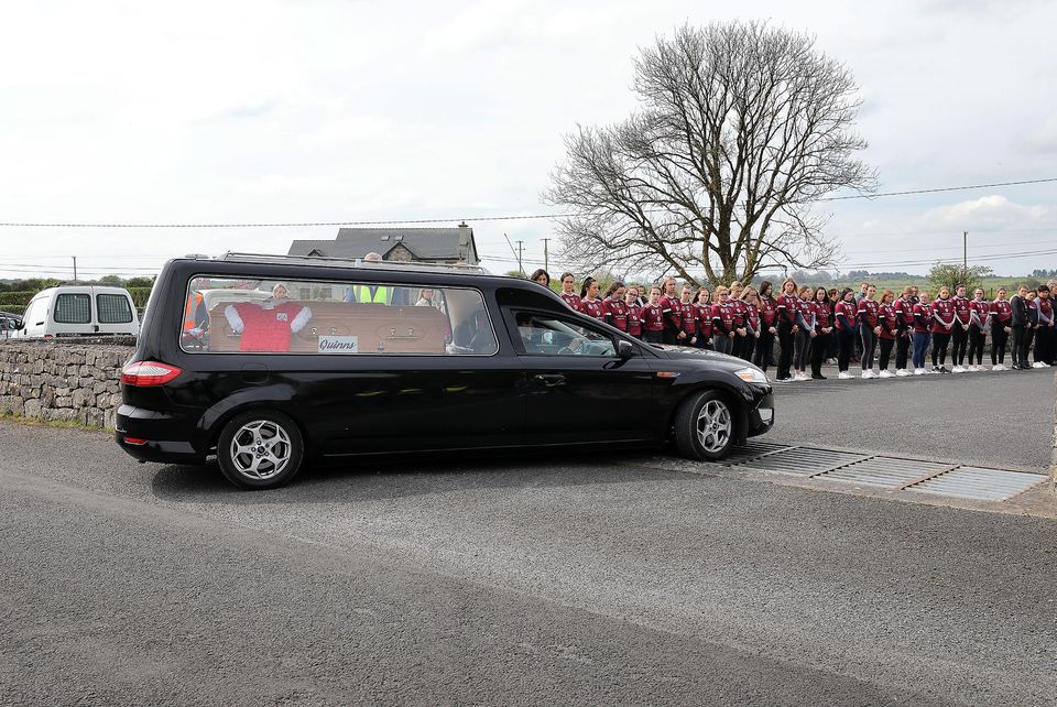The hearse carring the remains of Kate Moran pictured arriving at the Church of The Sacred Heart in Ryhill, Monivea, Co Galway.Picture redit:Frank McGrath 22/4/22