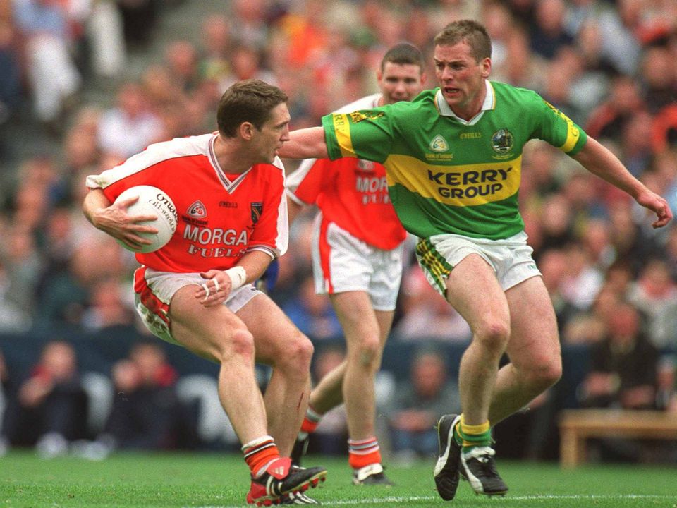 Kieran McGeeney of Armagh in action against Kerry's Dara Ó Cinnéide in the 2002 All-Ireland final, one of the games analysed to show the changing trends in Gaelic football. Photo by Brendan Moran/Sportsfile