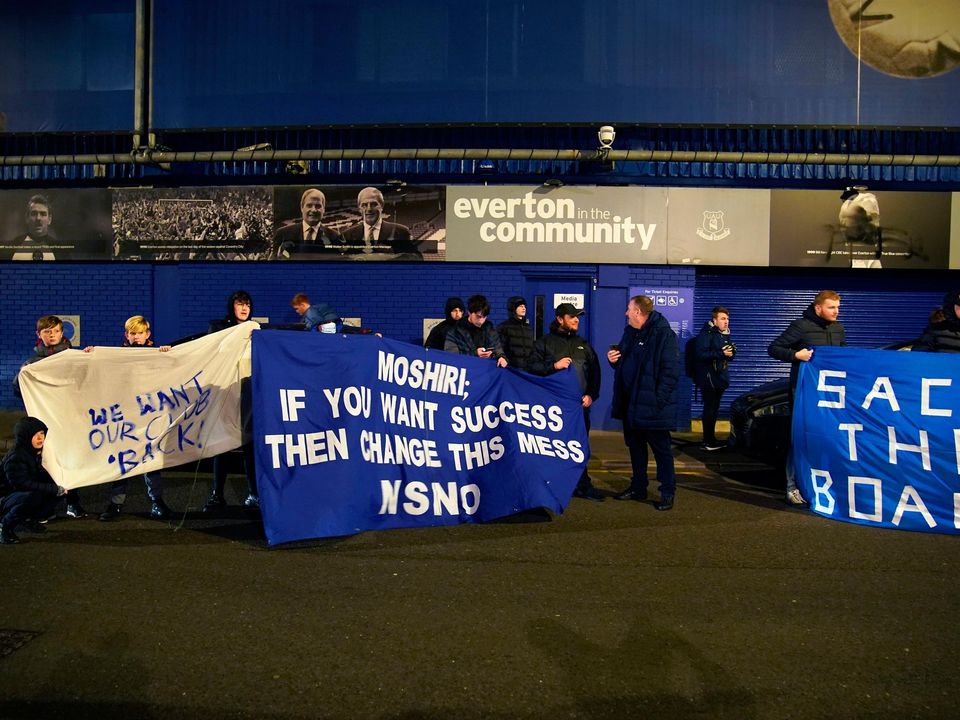 Everton fans stage a protest outside of Goodison Park. Managerial candidate Vitor Pereira admits he is hurt by fan opposition to his potential appointment but it has not put him off wanting the job. Photo: Peter Byrne/PA Wire