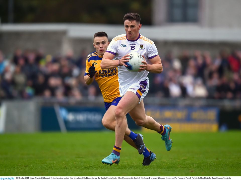 16 October 2022; Shane Walsh of Kilmacud Crokes in action against Eoin Murchan of Na Fianna during the Dublin County Senior Club Championship Football Final match between Kilmacud Crokes and Na Fianna at Parnell Park in Dublin. Photo by Daire Brennan/Sportsfile