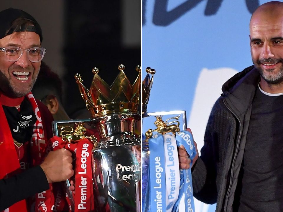 Will Jurgen Klopp, left, or Pep Guardiola be lifting the Premier League trophy this season? (Laurence Griffiths/Anthony Devlin/PA)
