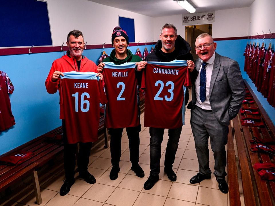 On location for the filming of 'Gary Neville’s The Overlap on Tour' at St Colman's Park, home of Cobh Ramblers FC, were footballing legends Roy Keane, Gary Neville and Jamie Carragher with former Cobh Ramblers player Bob O'Donova